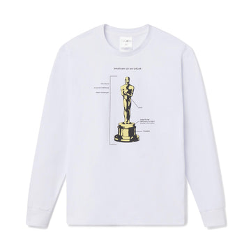 White long-sleeve shirt with a graphic of an Oscar statue on a white background